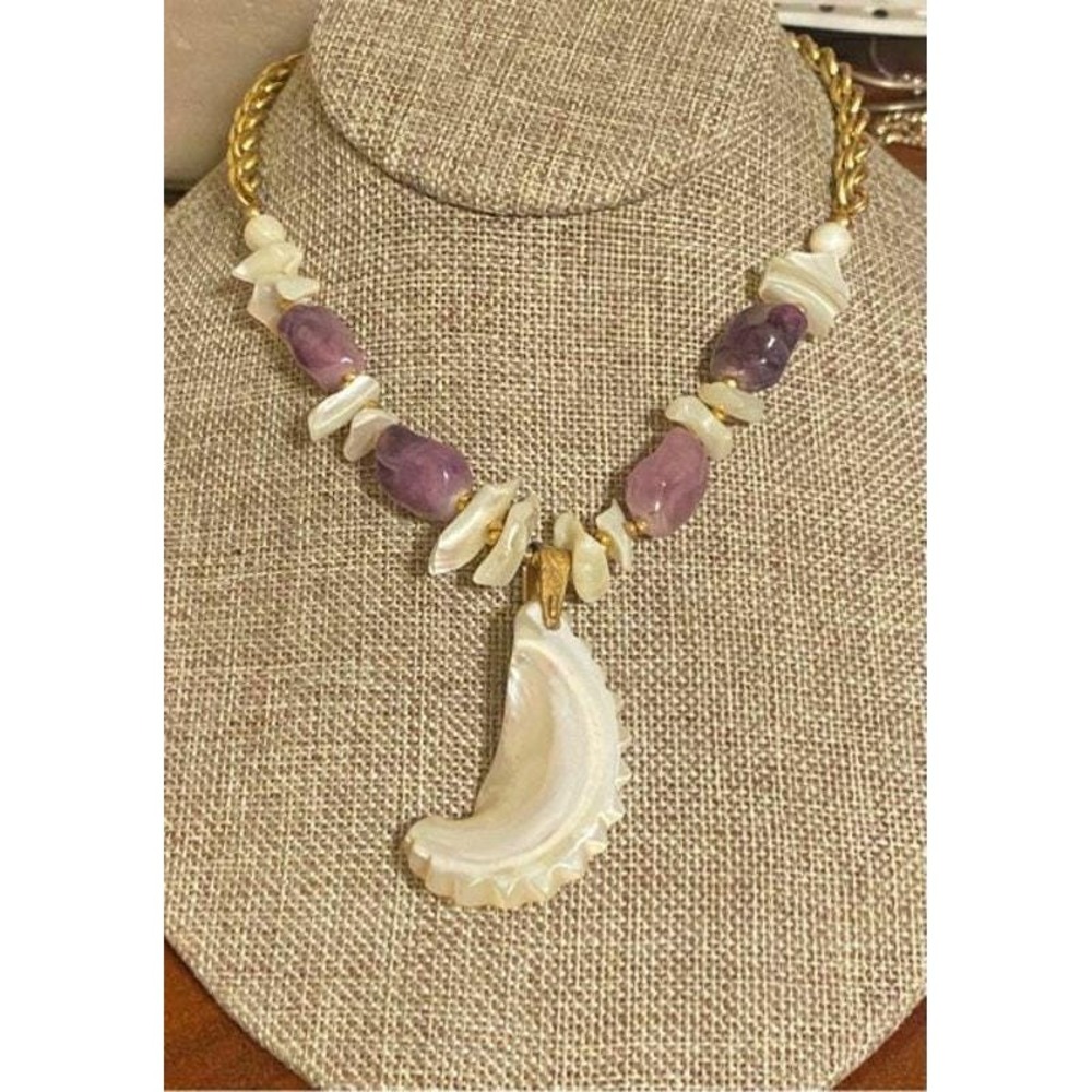 Miriam Haskell Goldtone Amethyst and MOP Shell Pendant Necklace 23" - Picture 1 of 8